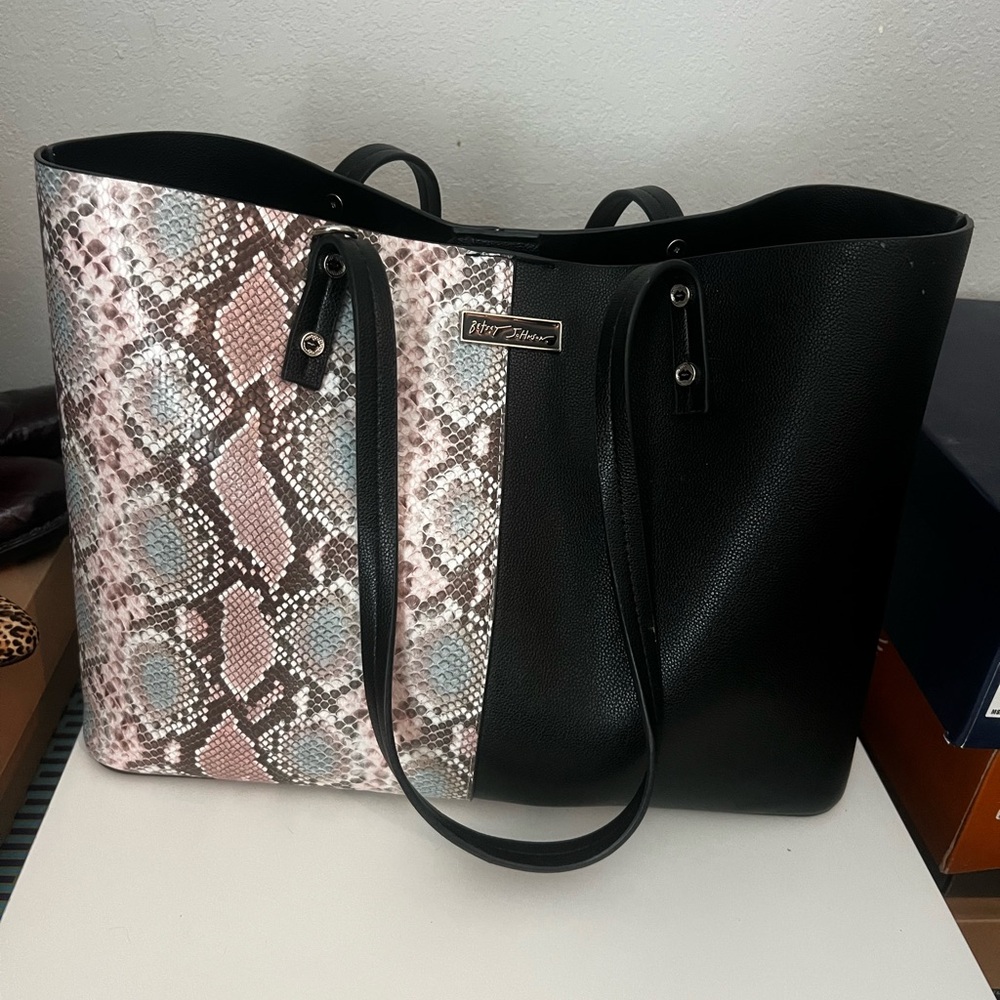 Betsy Johnson Black and Pink Snake Print Tote Bag